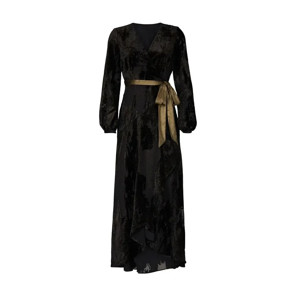 Hutch Black Burnout Velvet Wrap Maxi Dress Metallic Sash Hi-Low Hem Size M - Picture 1 of 12